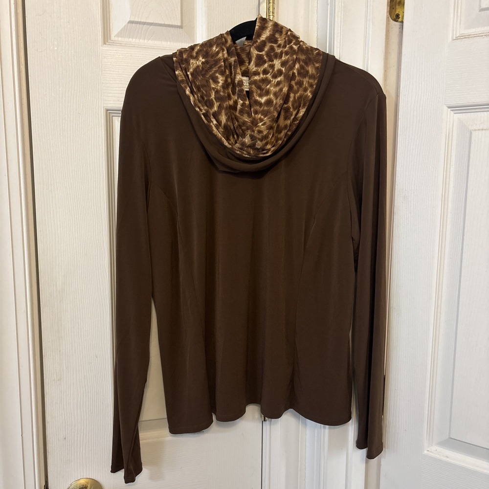 Simonton Says XL Brown Leopard Cowl Neck Slinky Knit Long Sleeve Travel Top